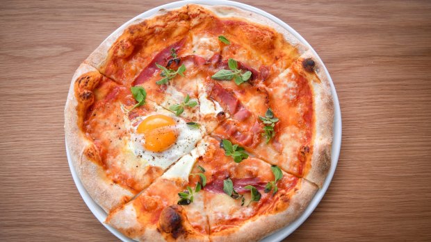 Pancetta and egg pizza – baked rather than blasted.