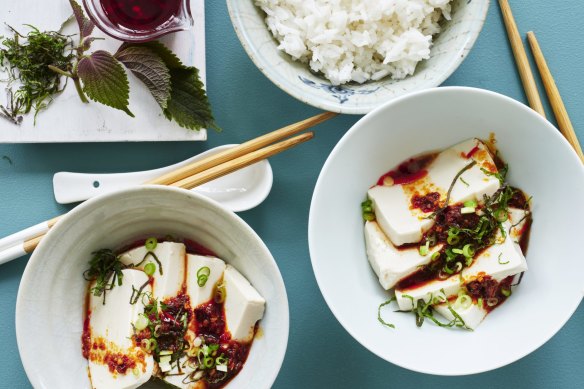 Chilled silken tofu dressed with ginger and crispy chilli sauce.