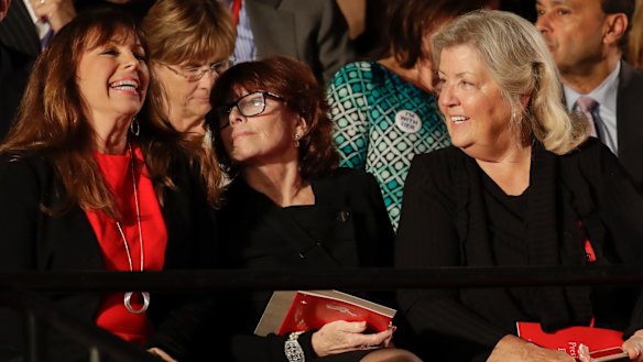 Paula Jones, left, talks with Kathleen Willey and Juanita Broaddrick before the second presidential debate.