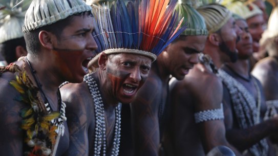 Indigenous people sing and dance during the Indigenous Peoples Ritual March in Brasilia last month.