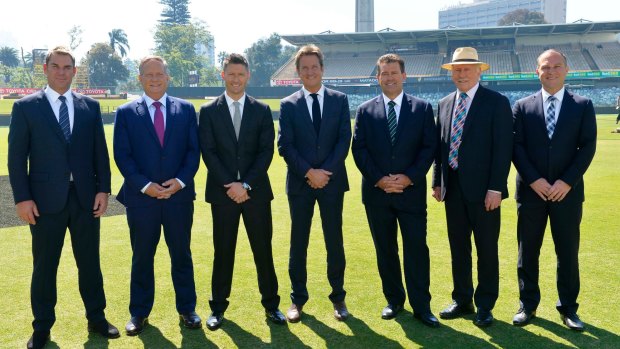 Nine's cricket commentary team: (from left) Shane Warne, Ian Healy, Michael Clarke, Mark Nicholas, Mark Taylor, Ian Chappell, Michael Slater.