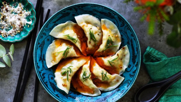 Kylie Kwong's spanner crab and ginger dumplings with Sichuan chilli.