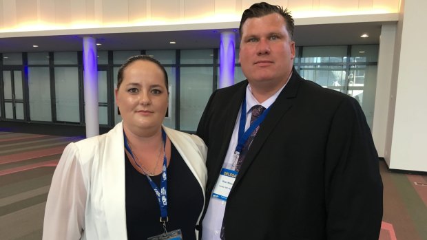 Sarah and Peter Milosevic outside the LNP State Convention on Friday.
