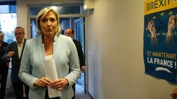 French far-right leader Marine le Pen arrives to make a statement on the US presidential election on Wednesday.