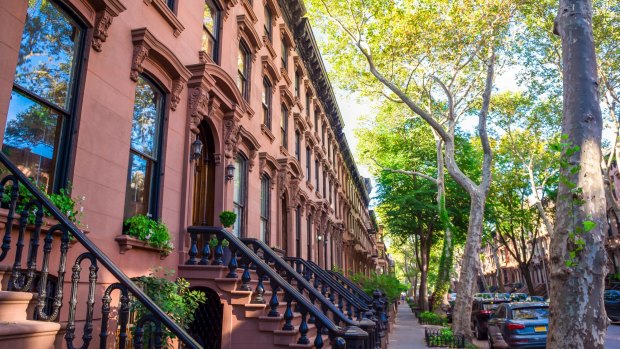 Tree-lined streets and beautiful 19th-century brownstones characterise the Fort Greene neighbourhood of Brooklyn.