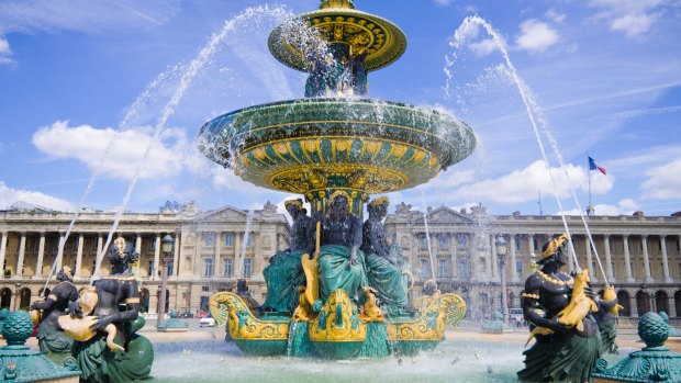 Fontaine des Mers at Place de la Concorde in Paris, France, designed by Jacques Ignace Hittorff and completed in 1840.