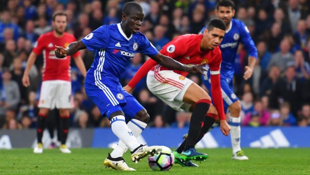 N'Golo Kante en route to scoring for Chelsea against Manchester United at Stamford Bridge on Sunday.
