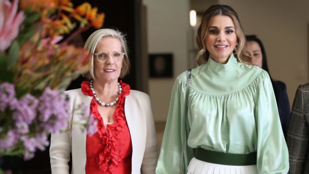 Lucy Turnbull and Her Majesty Queen Rania Al Abdullah of Jordan visit the National Portrait Gallery in Canberra on Wednesday.