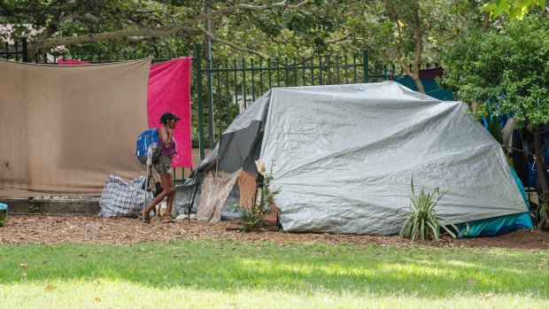 Homeless camps in Belmore Park in Sydney's Haymarket.