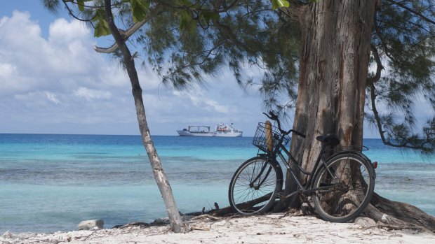 Aranui 3 at anchor off Takapoto in Tuamotu Archipelago en route to Marquesas Islands. 