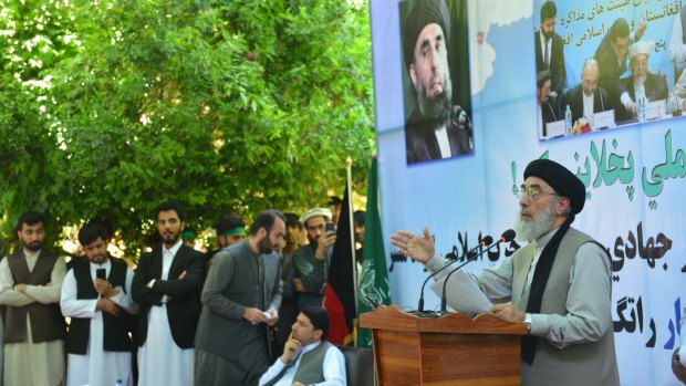 Gulbuddin Hekmatyar, leader of the Hezb-i-Islami, speaks in Mihtarlam, the capital of  Laghman province, marking his return to Afghanistan.