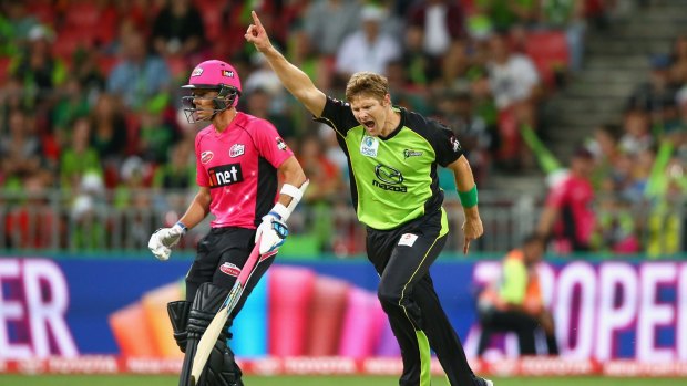 Got him, yes: Thunder all-rounder Shane Watson celebrates dismissing Sixers batsman Trent Lawford during the Big Bash League match at Spotless Stadium on December 17.