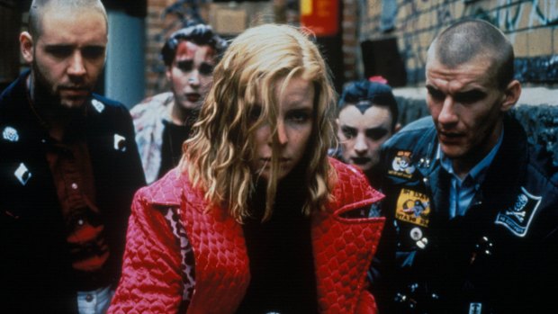 Jacqueline McKenzie, centre, with Russell Crowe (left) and Daniel Pollock in "Romper Stomper" (1992). 