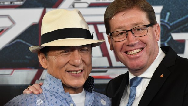 Jackie Chan, pictured with Arts Minister Troy Grant, at the announcement in July that <i>Bleeding Steel</i> would be filmed in Australia, the first film announced under the NSW government’s $20 million Made in NSW fund.  