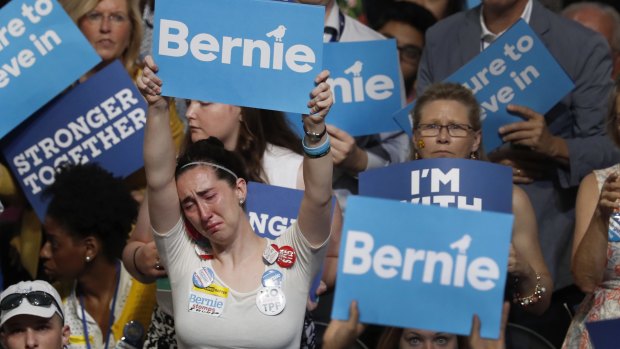 Emotional farewell:  supporters of defeated candidate Bernie Sanders refused to relinquish their man or the cause they believe he is now abandoning.