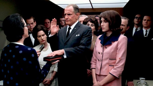 Lyndon Johnson (Woody Harrelson) is sworn in as president in <i>LBJ</i>.