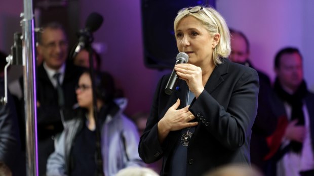 French far-right National Front leader Marine Le Pen at a private meeting  in Haulchin, near Lille, earlier this month.