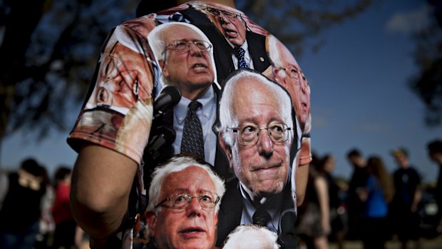 A campaign volunteer for Democratic presidential candidate Bernie Sanders.