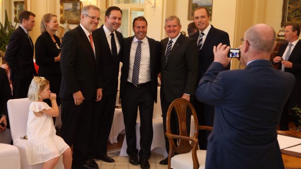 Scott Morrison, Steve Ciobo, Josh Frydenberg, Ian Macfarlane and Peter Dutton pose for a picture prior to the ceremony.