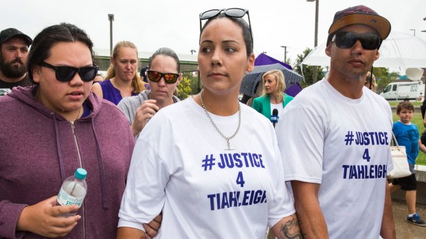 Tiahleigh's biological mother Cindy with other supporters outside the packed Beenleigh Magistrates Court on Wednesday.