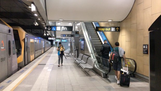 Just three other people got off the train at Sydney's domestic terminal. 