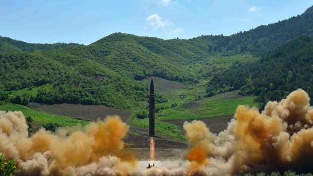 The launch of a Hwasong-14 missile in North Korea on July 4.