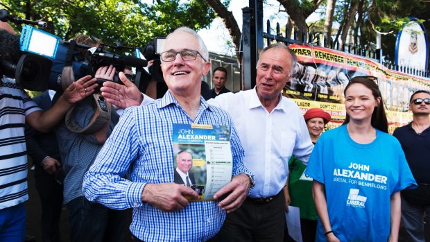 Prime Minister Malcolm Turnbull with Liberal candidate John Alexander at Gladesville Public School.