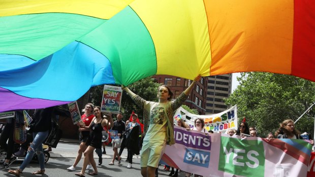 A person holds a rainbow flag during a march in support of marriage equality near Victoria Park in Sydney.