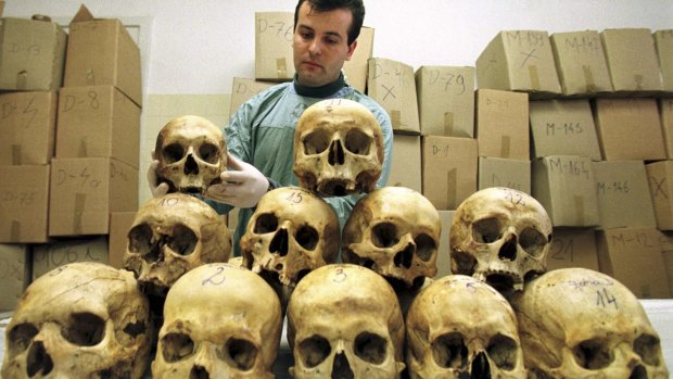 A Bosnian pathologist examines skulls taken from mass graves near the site of the 1995 Srebenica massacre.