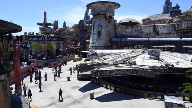 May 29, 2019; Anaheim, CA, USA; Millennium Falcon is the center piece of the new Star Wars attraction at an exclusive first look during a media visit to the new Star Wars: Galaxy's Edge on May 29, 2019 at Disneyland Resort. Mandatory Credit: Robert Hanashiro-USA TODAY/Sipa USA.