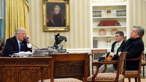 Donald Trump with Mike Flynn and Steve Bannon in the Oval Office during the call to Malcolm Turnbull.