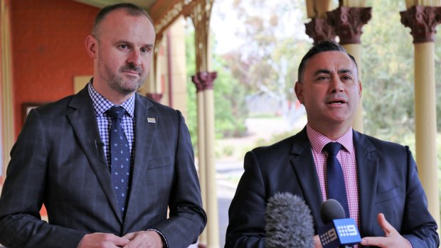 ACT Chief Minister Andrew Barr and NSW Deputy Premier John Barilaro announce a new cross border memorandum of understanding in Queanbeyan.