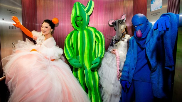 From left: Eva Kong (Princess Linetta), Joel Thomas (Cactus), Natasha Usmar (Rat) and Jay Johns (Drunk Monster) star in Opera Australia's <i>The Love for Three Oranges</i>.