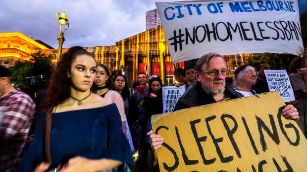 A protest against plans to ban camping in Melbourne's CBD sprung up outside the State Library during White Night.