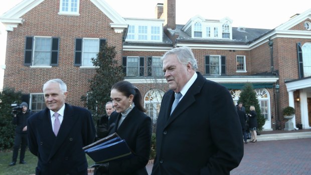 Prime Minister Malcolm Turnbull, Susie Annus and Australian Ambassador to the US Kim Beazley arrive for a tree planting at the residence of the Australian Ambassador in Washington DC during the Prime Minister's official visit to the United States on Tuesday 19 January 2016. 
