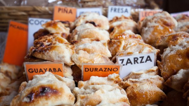 Small turnovers in a variety of flavours sold near the Plaza Grande in Patzcuaro, Michoacan, Mexico.