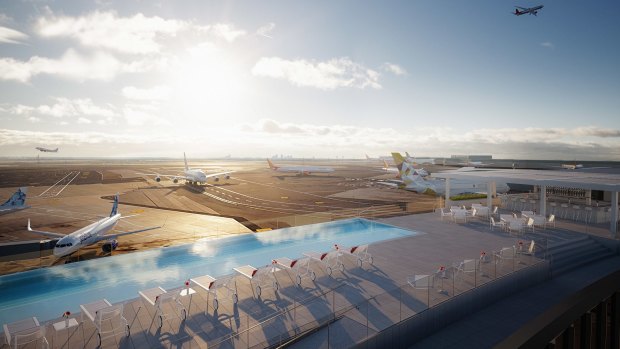 On top of one of the towers is a new swimming pool with an "infinity" edge that looks out on the tarmac and its petroleum-fueled spectacle of takeoffs and landings. 