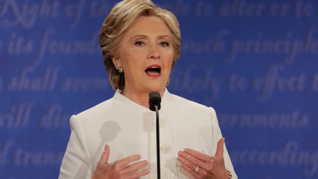 Democratic presidential nominee Hillary Clinton speaks during the third presidential debate with Republican presidential nominee Donald Trump.