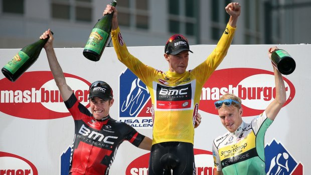 Overall winner Rohan Dennis (centre) on the podium with second-placed Brent Bookwalter (left) and third-placed Rob Britton.
