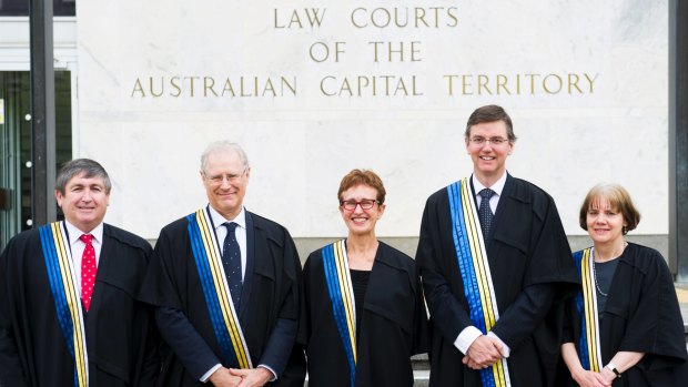 The current ACT Supreme Court judiciary. From left, Justice John Burns, Justice Richard Refshauge, Chief Justice Helen Murrell, Associate Justice David Mossop and Justice Hilary Penfold.