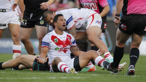 Bemused: Benji Marshall is not happy with the referees during the Dragons' loss to Penrith in Wollongong.