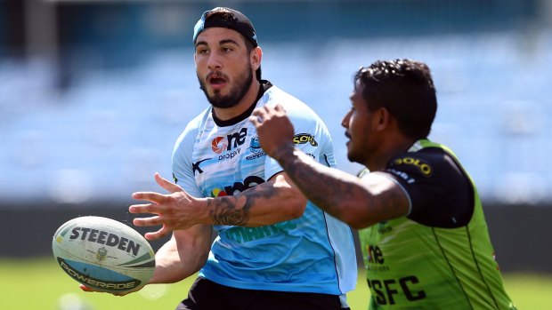 Pivotal performers: Jack Bird gets away from Ben Barba during a Cronulla Sharks training session at Remondis Stadium.
