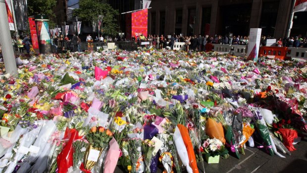 The memorial of flowers in Martin Place following the Sydney siege.