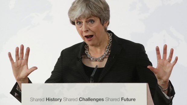 British Prime Minister Theresa May delivers her speech in Florence, Italy, on Friday.
