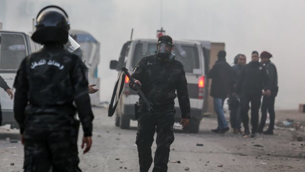 Tunisian security forces clash with  demonstrators in Ben Guerdane in January.