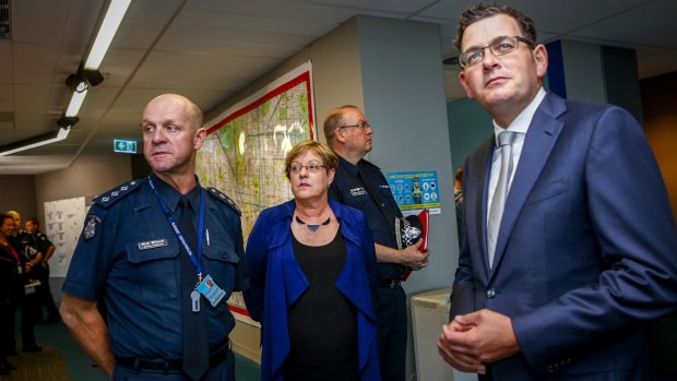 New Police Minister Lisa Neville visits to the City West Police Station with Acting Inspector Mick Wilmott and Premier Daniel Andrews. 