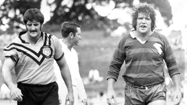 Old-school rugby league: Doug Gailey and John O'Neill get their marching orders.