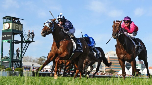 Pipped: Rich Enuff goes down to Shooting to Win in the Caulfield Guineas.