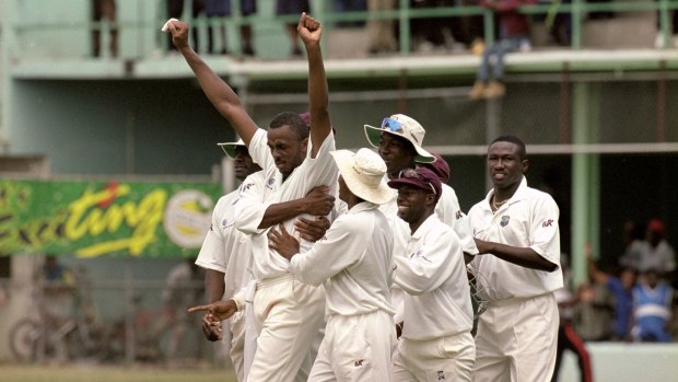 Courtney Walsh of the West Indies celebrates a wicket. 
