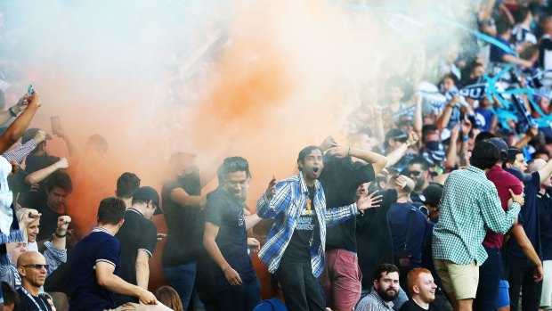 Flare up: Police are unhappy with members of the Victory active supporters group who lit flares in the stadium during the derby match against City on Saturday.
